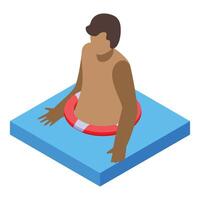 Lifeguard saving drowning swimmer with lifebuoy, isometric view vector