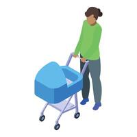 Babysitter pushing baby stroller with newborn child isometric view vector