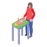 Babysitter changing baby diaper on table, isometric view vector