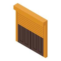Half opened roller shutter door protecting a brown wooden door in isometric view vector