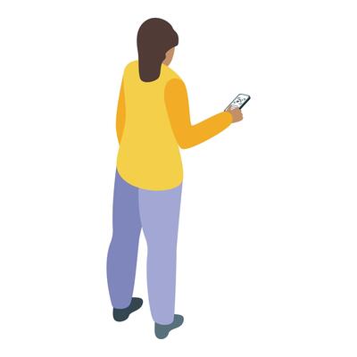 Woman using mobile phone showing qr code isometric view