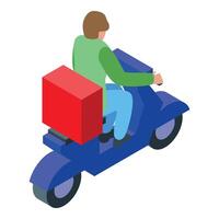 Delivery man riding scooter carrying red parcel isometric icon vector