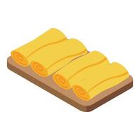 Three rolled omelets served on wooden cutting board vector