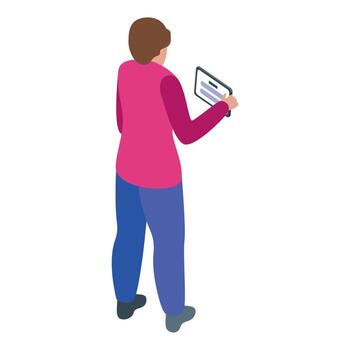 Young man using tablet, back view. Modern technology and communication vector