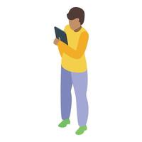 Young man using tablet, standing and browsing internet websites vector