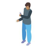 Young man holding smartphone taking photo or recording isometric view vector