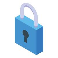 Blue closed padlock protecting information in isometric view vector