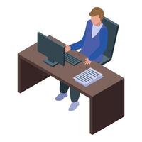 Office worker using desktop computer and reading documents at workplace vector