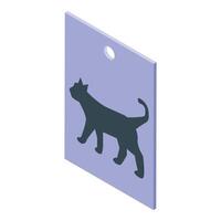 Black cat silhouette walking on a purple label tag isometric icon vector