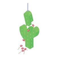 Green pinata cactus breaking and releasing lollipops, isometric view vector