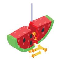 Broken watermelon pinata releasing candy, isometric view vector