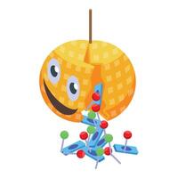 Hanging pinata releasing candy and lollipops after being hit vector