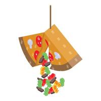 Gummy pizza dropping candies hanging from a string, isometric illustration vector