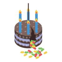 Broken birthday cake with lit candles and falling confetti, isometric view vector