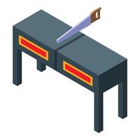 Hand saw cutting wooden plank on workbench in isometric view vector