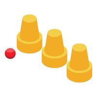 Red ball rolling towards yellow skittles, isometric view of a bowling game vector
