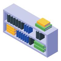 Bookshelf storing office files and books in isometric view vector