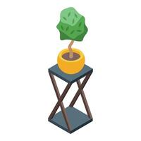 Small bonsai tree growing in yellow pot standing on wooden stand vector