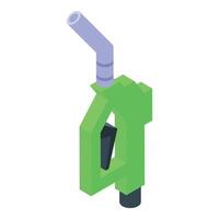 Green gasoline nozzle fueling vehicle at gas station, isometric view vector