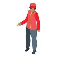 Hotel bellboy making a welcoming gesture in red uniform vector