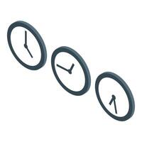 Three clocks showing different times in isometric view vector