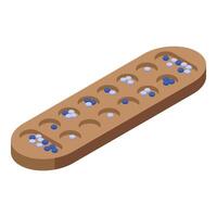 Wooden mancala board with blue and white playing pieces displaying strategic gameplay vector