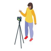 Young woman vlogger recording with camera on tripod vector