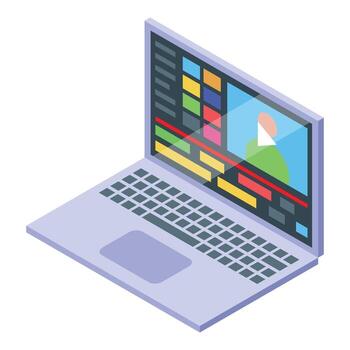 Laptop showing editing software processing a clip with a presenter vector