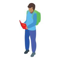 Student reading book while standing with backpack isometric illustration vector