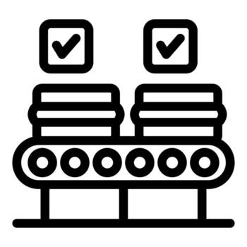 Conveyor belt moving boxes with check mark symbols, quality control and product verification vector