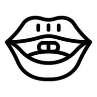 Line art icon of open mouth holding a pill between teeth vector