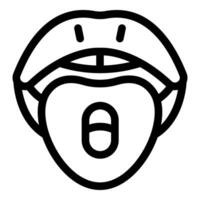 Open mouth showing tongue with capsule medicine placed on it vector