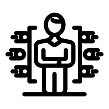 Businessman standing between server racks with data flowing, representing data center management vector