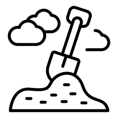 Shovel digging into pile of dirt under cloudy sky, construction and gardening icon
