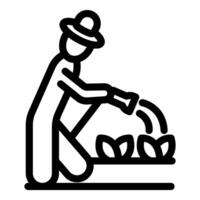 Farmer kneeling and watering plants with watering can, taking care of his garden vector