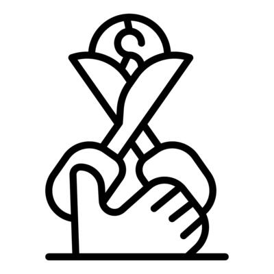 Scissors cutting money coin, saving money icon, reducing cost icon