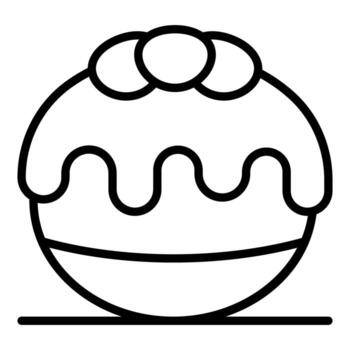 Round cake with melted icing and three round toppings resting on a surface vector