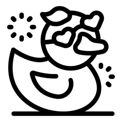 Lovely rubber duck wearing heart shaped sunglasses is enjoying sun and clouds