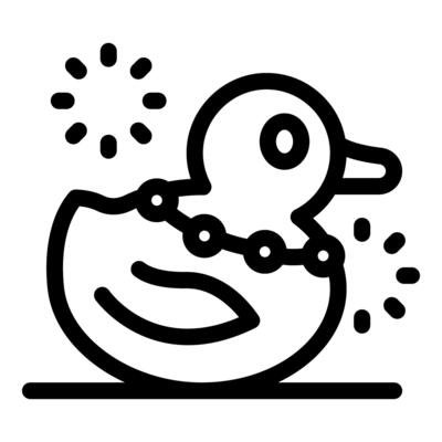 Rubber duck toy wearing beads necklace floating on water surface