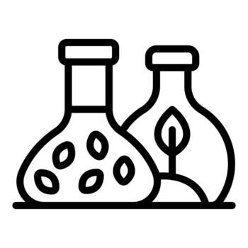 Laboratory flasks with seeds and plant growing inside for bio engineering experiment vector