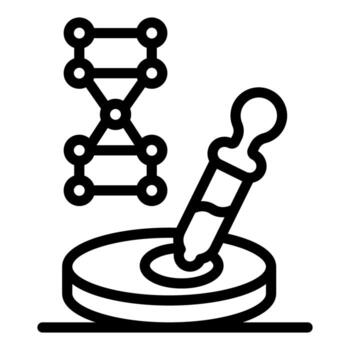 Scientist dropping liquid from pipette on petri dish with dna chain for genetic engineering experiment vector