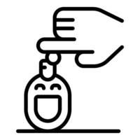 Hand pushing dispenser of aromatic liquid soap with smiling face icon vector