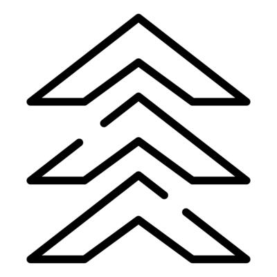 Three upward pointing arrows forming a chevron pattern, ascending lines symbolizing progress and growth
