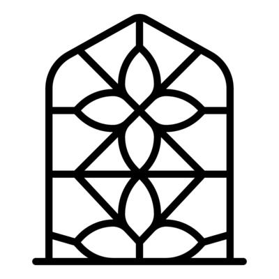 Arched window showing floral pattern with intertwined lines creating geometric shapes