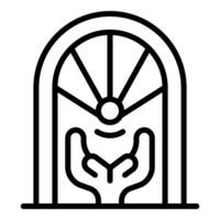 Protecting magic orb behind round door with hands, mystical artifact preservation vector