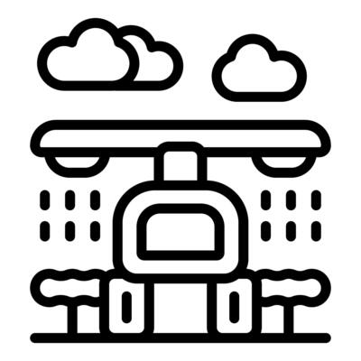 Smart farm irrigation system watering crops under cloudy sky