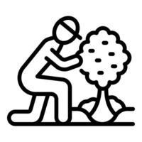 Gardener kneeling and taking care of small round tree in outline style vector