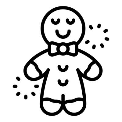 Gingerbread man wearing bow tie and smiling peacefully, surrounded by festive sparkles