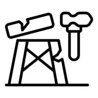 Carpenter breaking wooden plank with hammer on chopping block icon vector