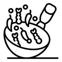 Wok cooking shrimp and chili peppers with handle tilted up vector